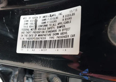 2016 Honda Accord Ex из США, поврежденный, VIN 1HGCR2F03GA076355